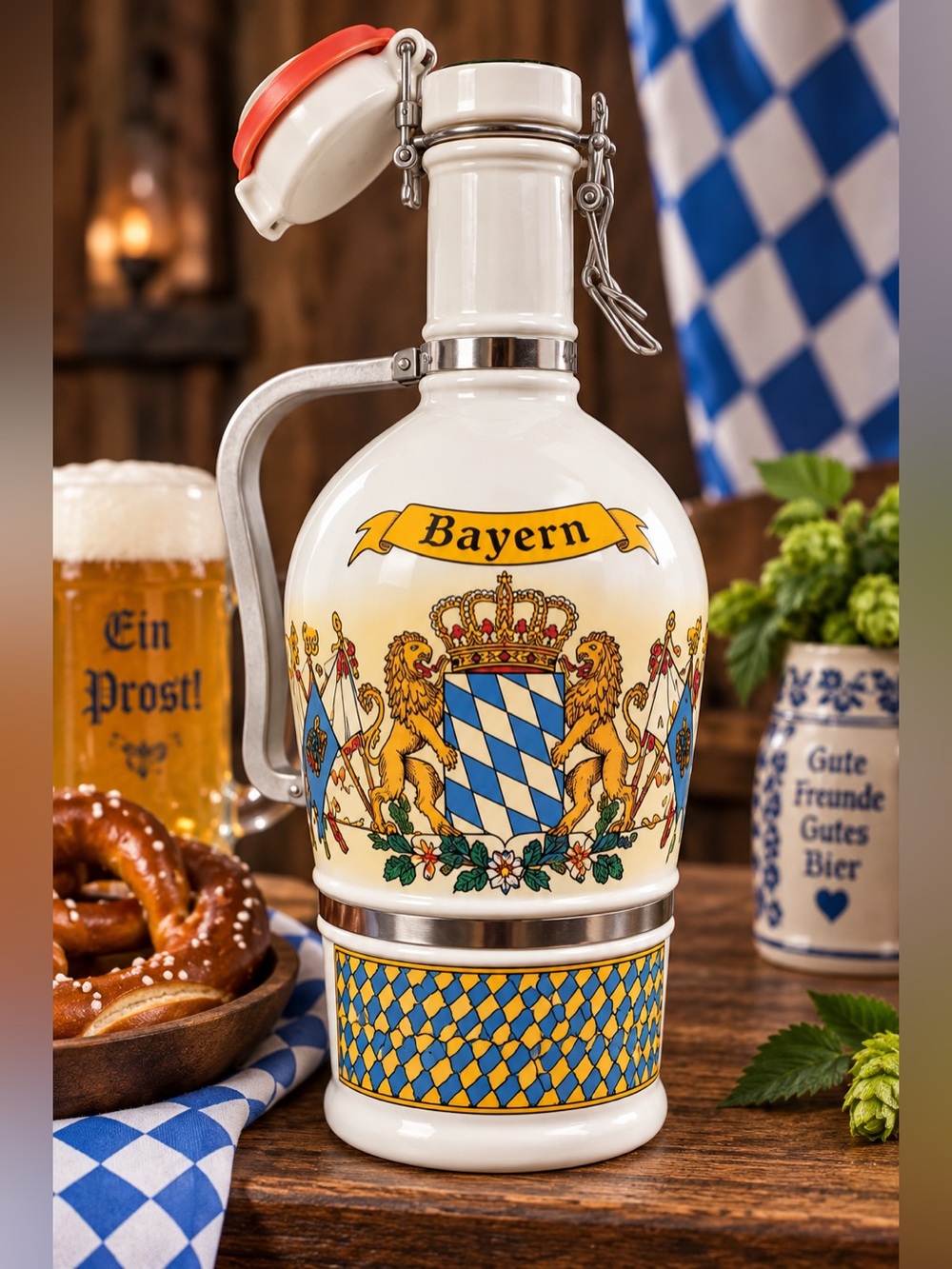 Vintage Der Krug der Bayern 2L Ceramic Beer Growler Swing Top Jug